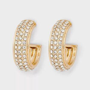 A New Day Gold Tone Pavé Open Hoop Earrings Rhinestone Huggie Style NWT